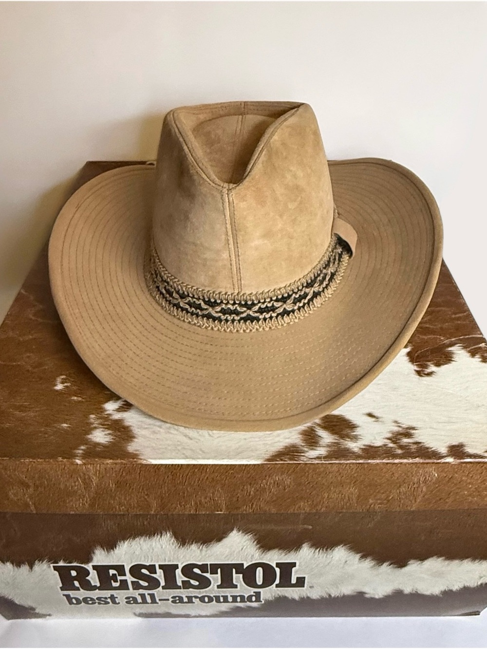 VINTAGE RESISTOL RANCHMAN SUEDE LEATHER Tan Western Cowboy Hat 7 1/4 + TAG & BOX